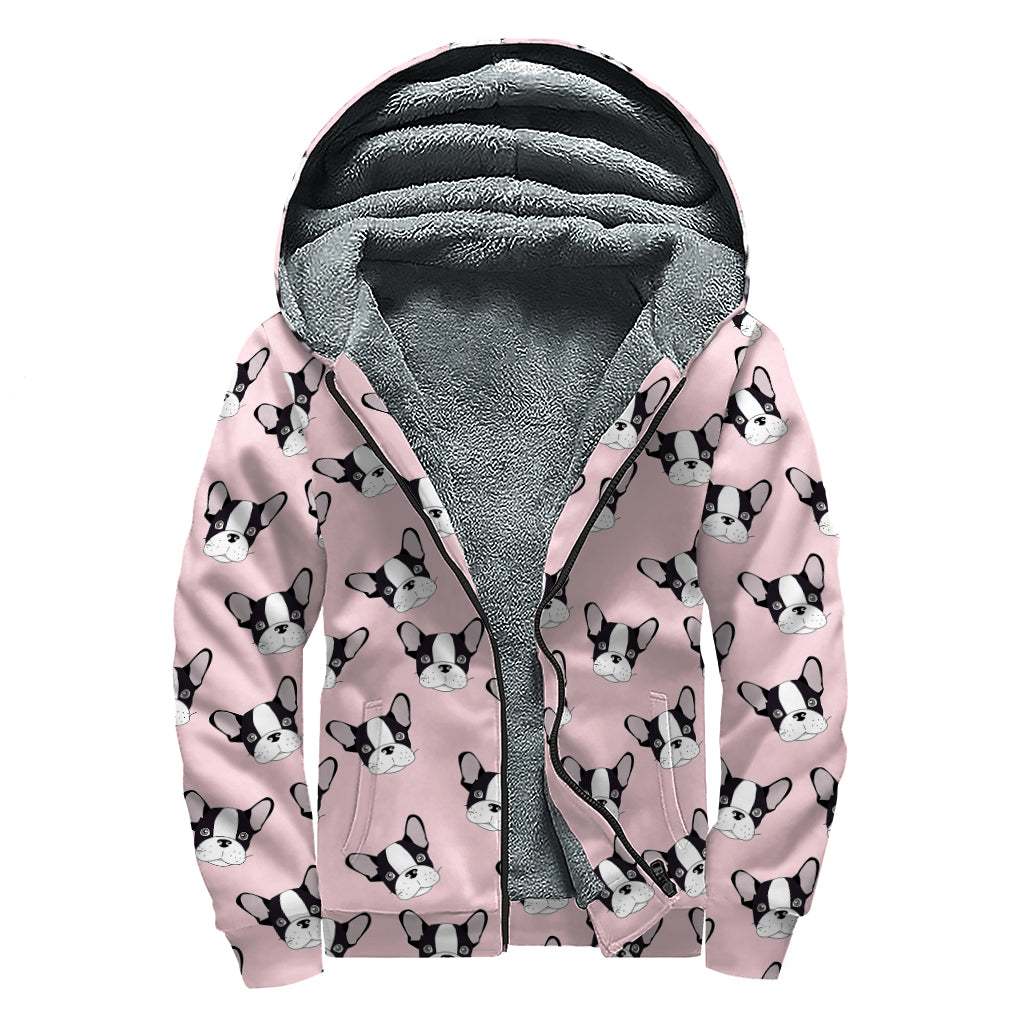 Cartoon French Bulldog Pattern Print Sherpa Lined Zip Up Hoodie