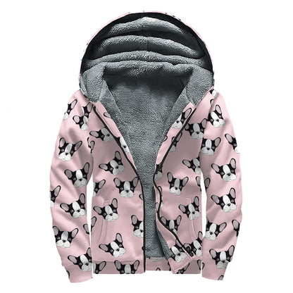 Cartoon French Bulldog Pattern Print Sherpa Lined Zip Up Hoodie
