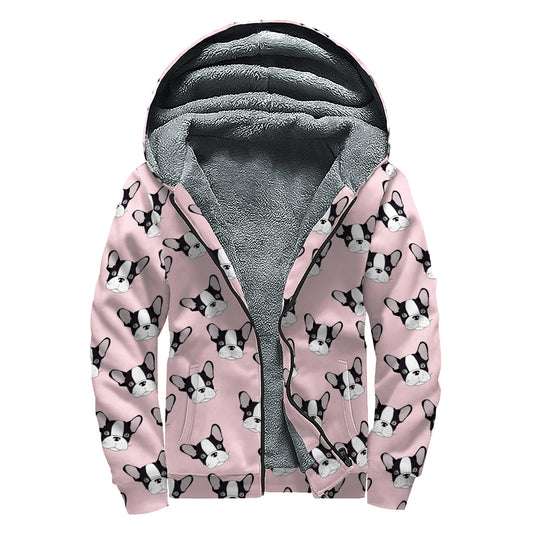 Cartoon French Bulldog Pattern Print Sherpa Lined Zip Up Hoodie