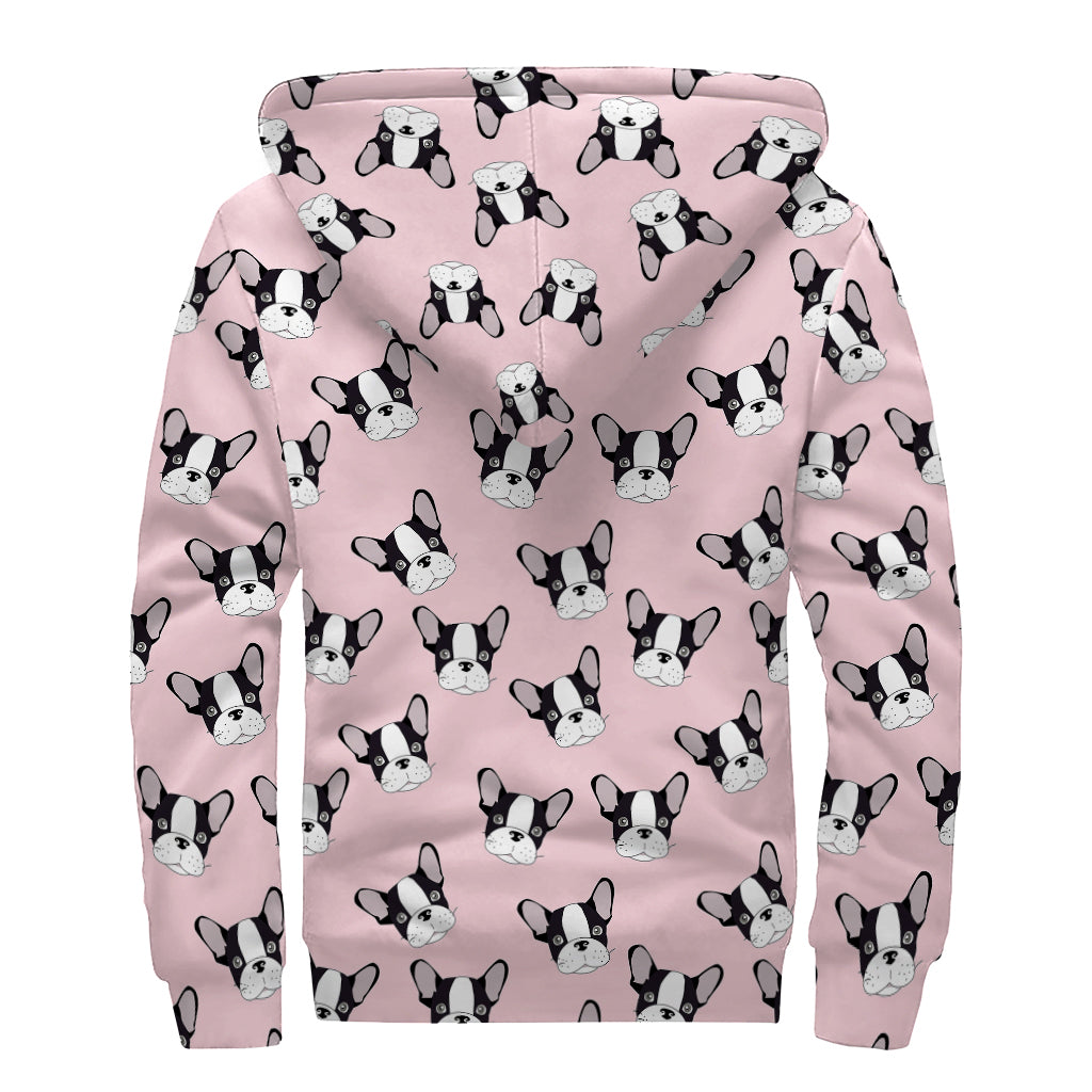 Cartoon French Bulldog Pattern Print Sherpa Lined Zip Up Hoodie