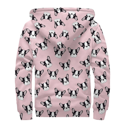 Cartoon French Bulldog Pattern Print Sherpa Lined Zip Up Hoodie