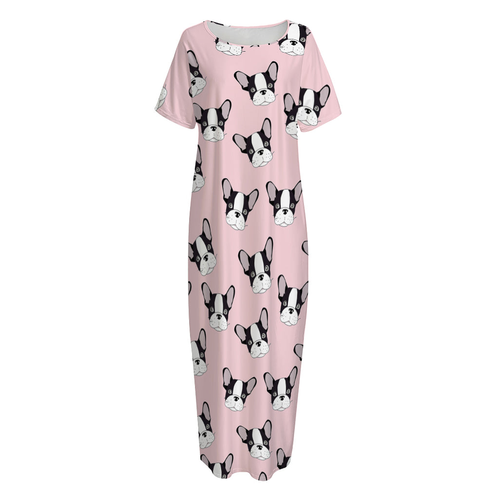 Cartoon French Bulldog Pattern Print Short Sleeve Long Nightdress