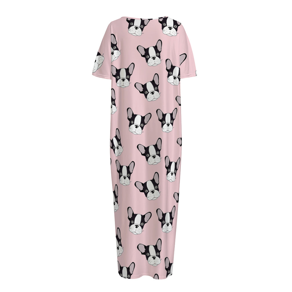 Cartoon French Bulldog Pattern Print Short Sleeve Long Nightdress