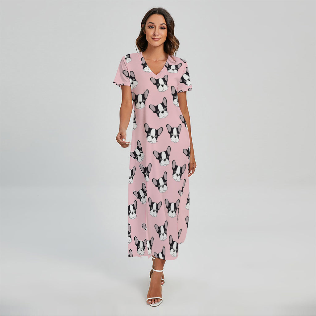 Cartoon French Bulldog Pattern Print Short Sleeve Maxi Dress