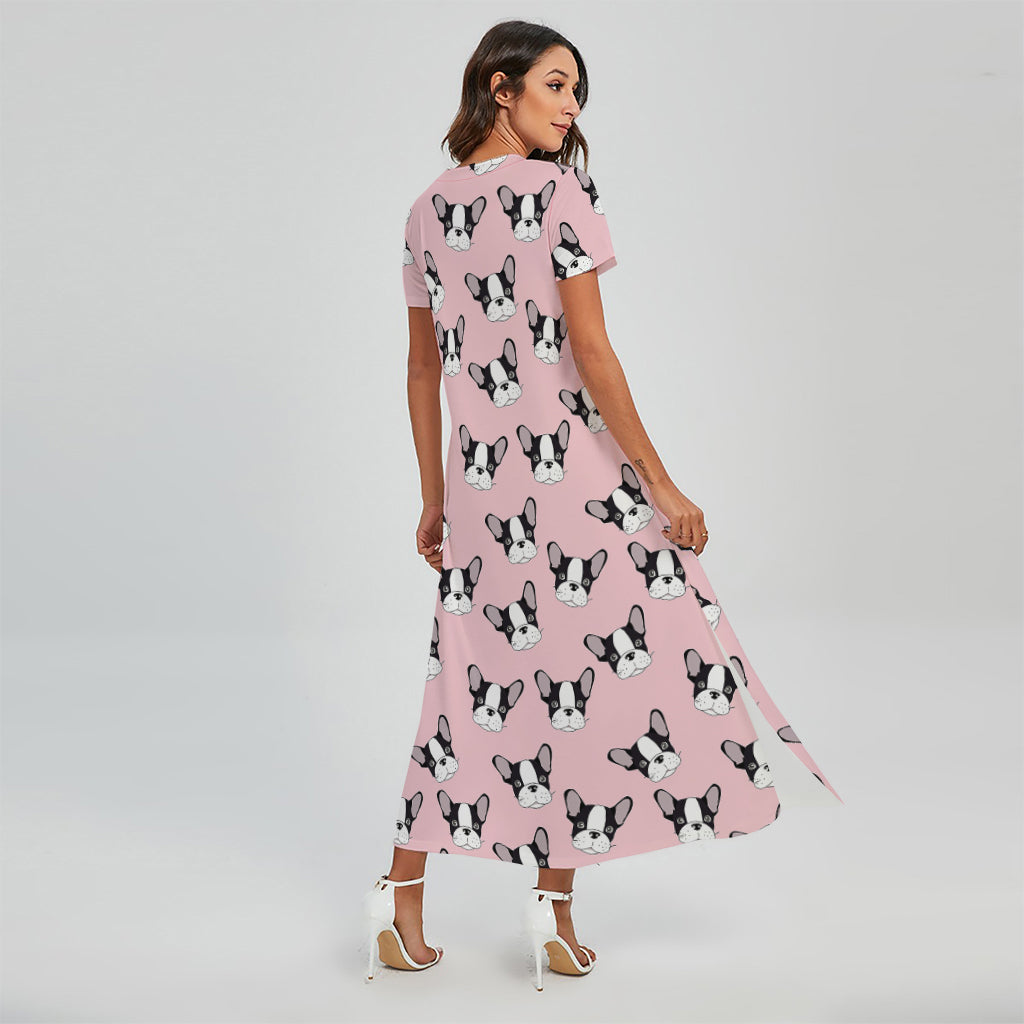 Cartoon French Bulldog Pattern Print Short Sleeve Maxi Dress