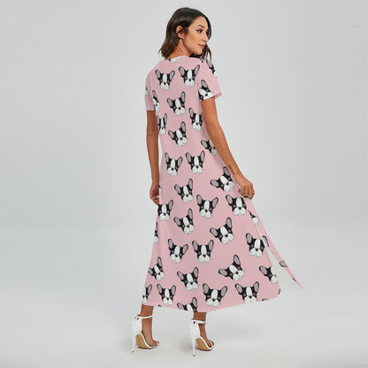 Cartoon French Bulldog Pattern Print Short Sleeve Maxi Dress