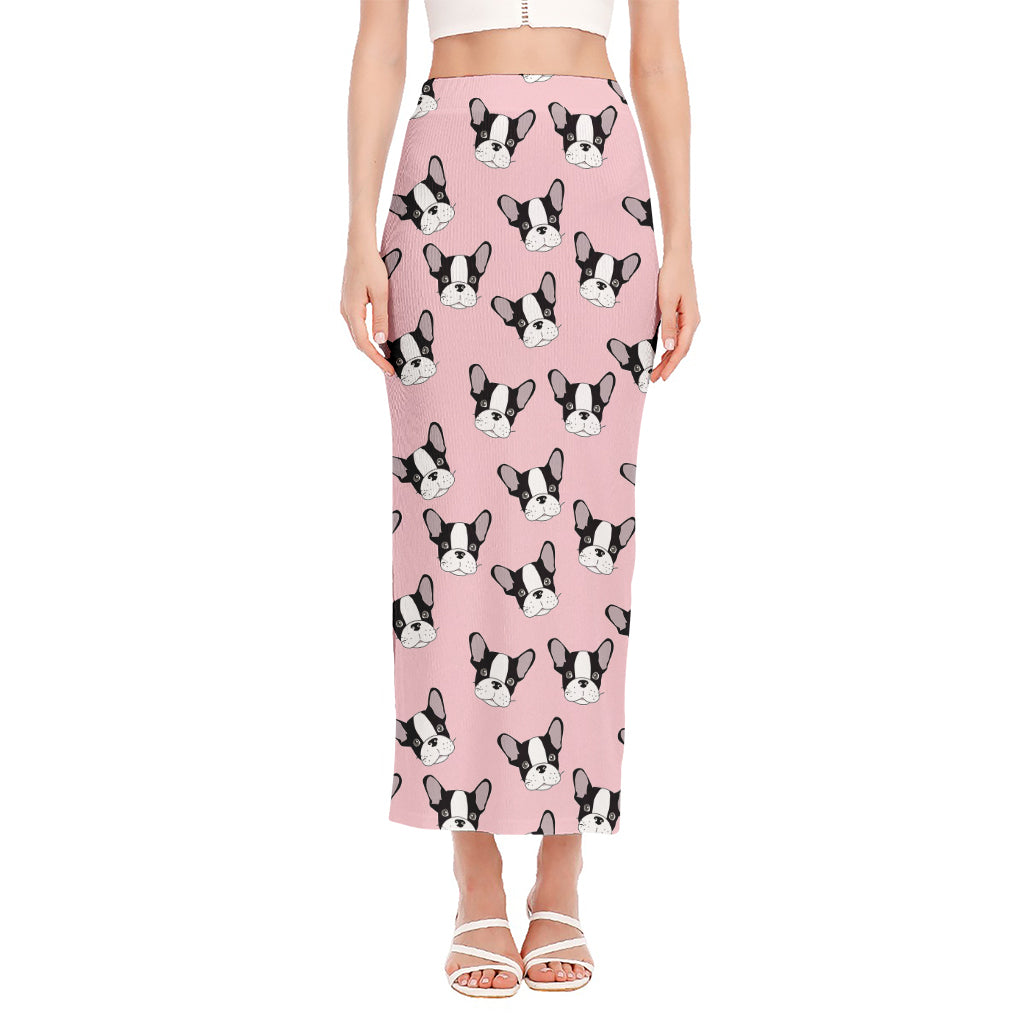 Cartoon French Bulldog Pattern Print Side Slit Maxi Skirt