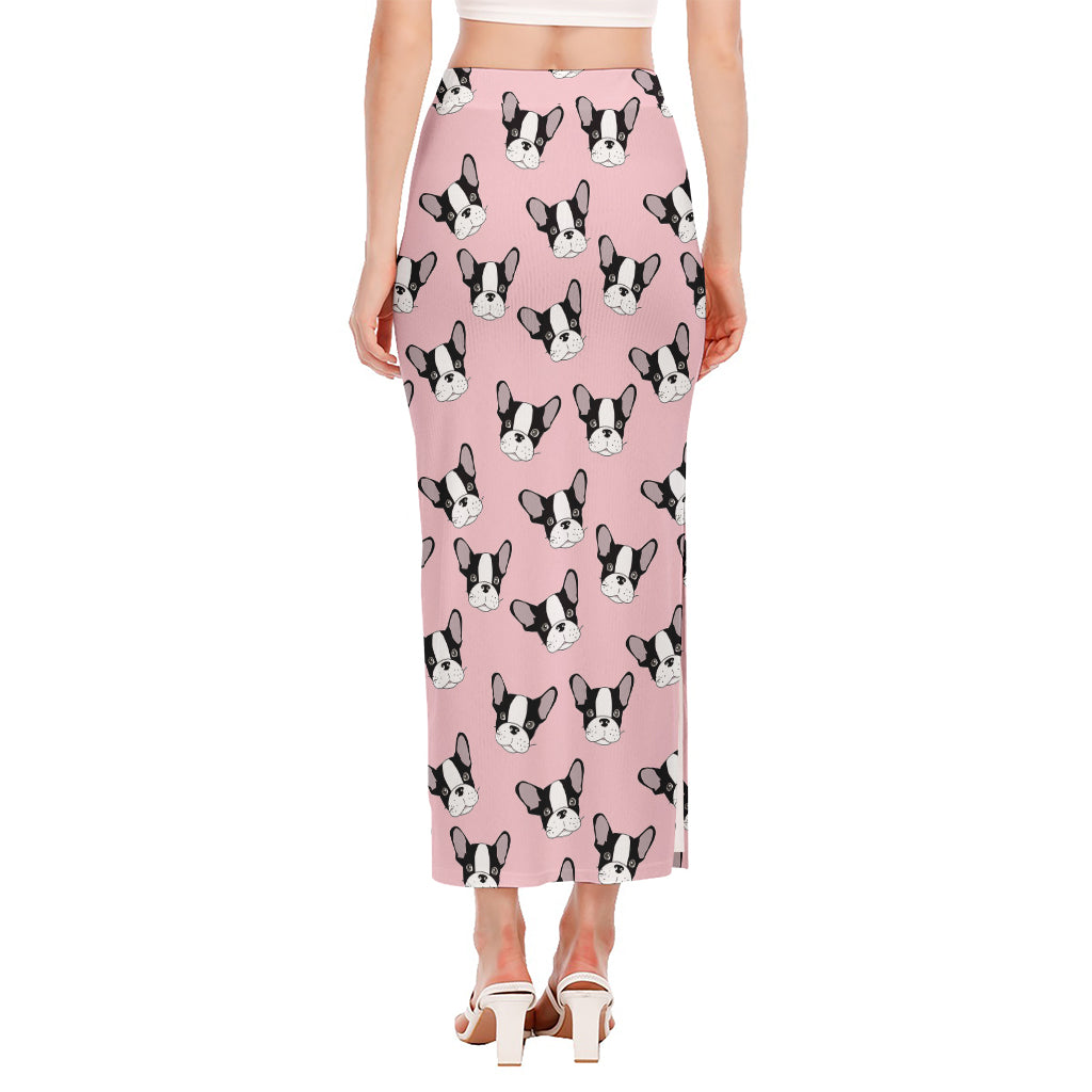 Cartoon French Bulldog Pattern Print Side Slit Maxi Skirt