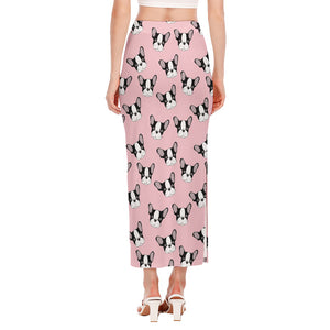 Cartoon French Bulldog Pattern Print Side Slit Maxi Skirt