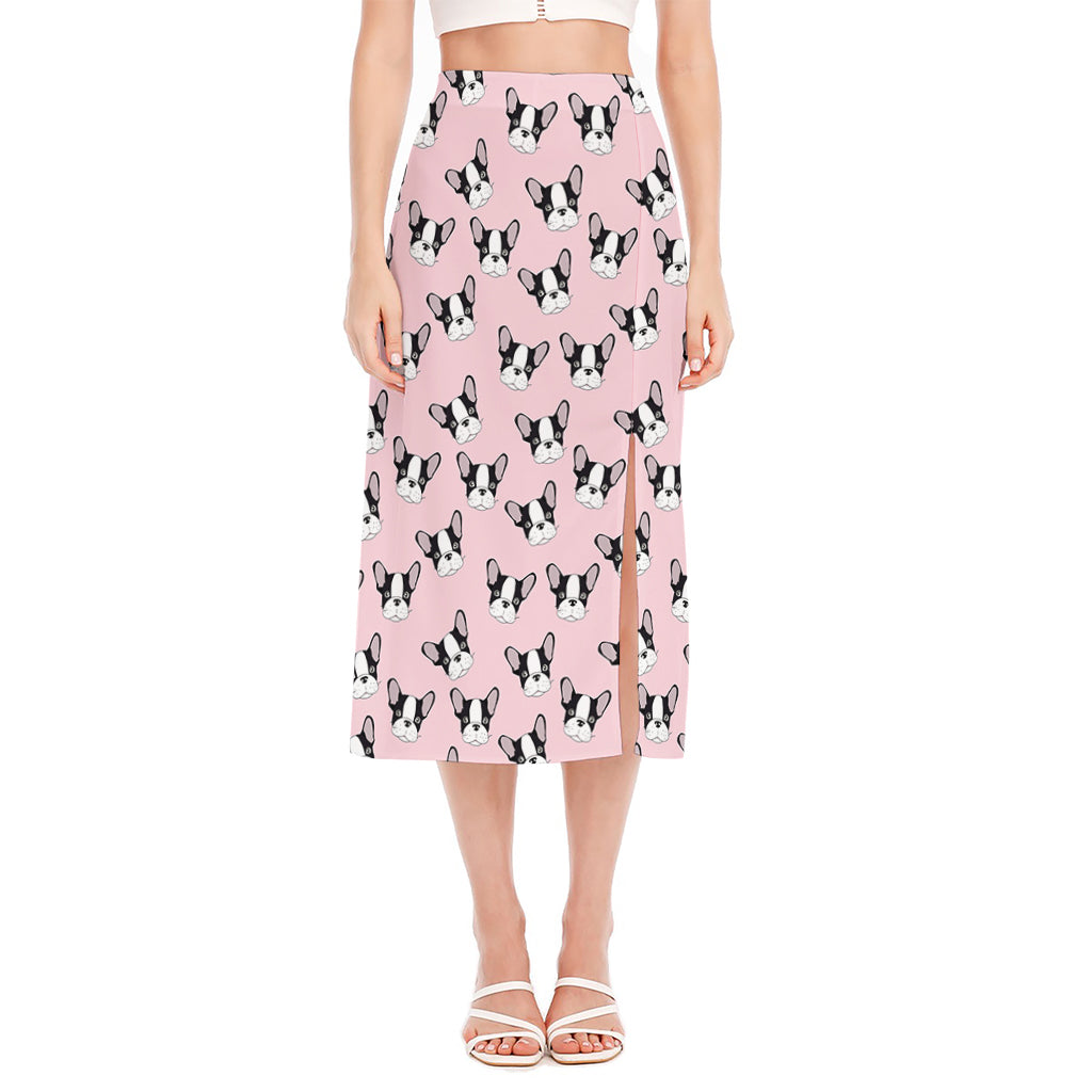 Cartoon French Bulldog Pattern Print Side Slit Midi Skirt