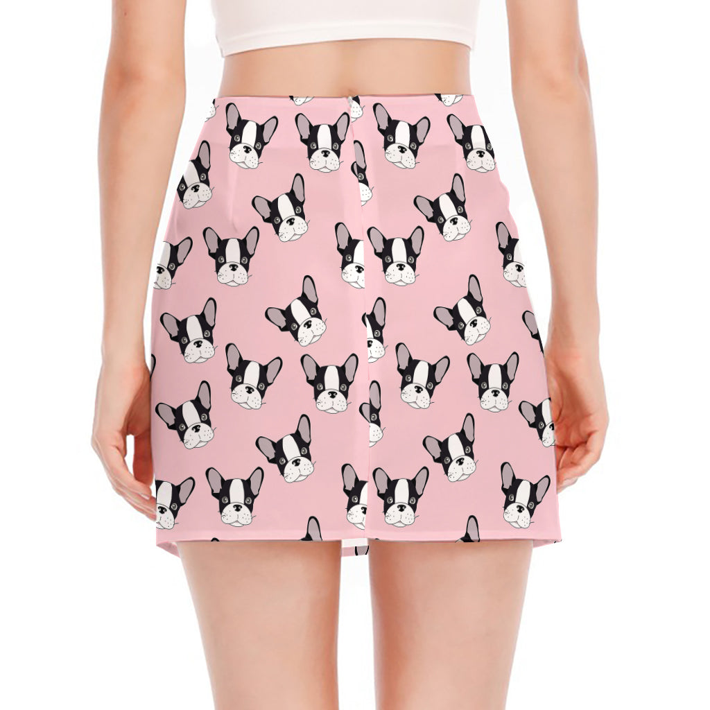 Cartoon French Bulldog Pattern Print Side Slit Mini Skirt