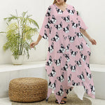 Cartoon French Bulldog Pattern Print Silk V-Neck Kaftan Dress