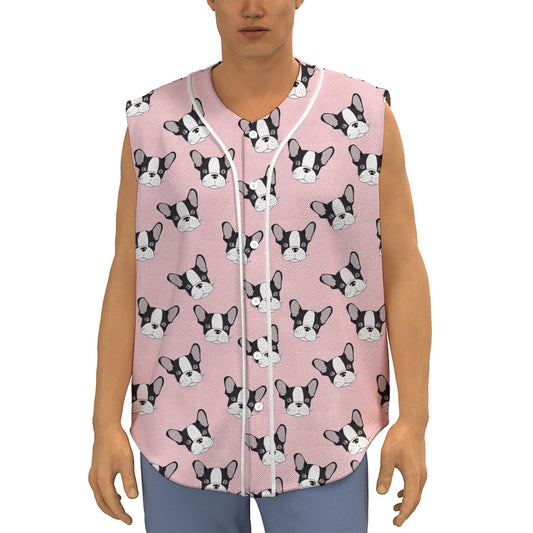 Cartoon French Bulldog Pattern Print Sleeveless Baseball Jersey