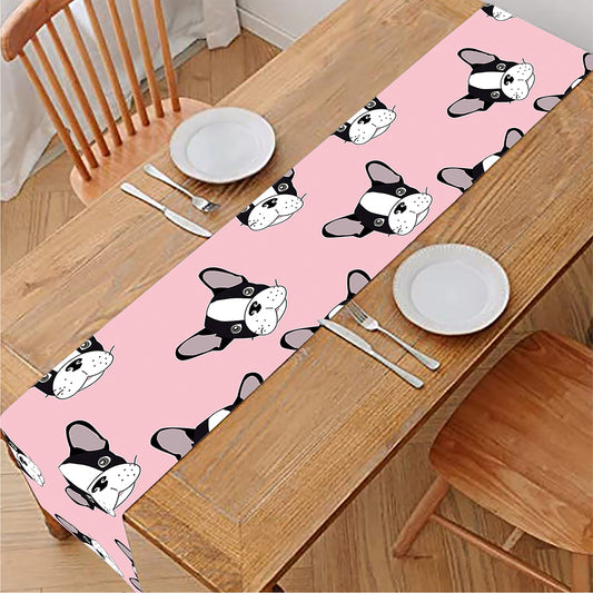 Cartoon French Bulldog Pattern Print Table Runner