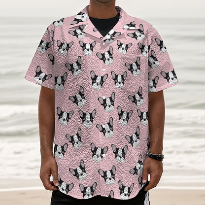 Cartoon French Bulldog Pattern Print Textured Short Sleeve Shirt
