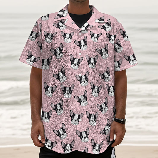 Cartoon French Bulldog Pattern Print Textured Short Sleeve Shirt