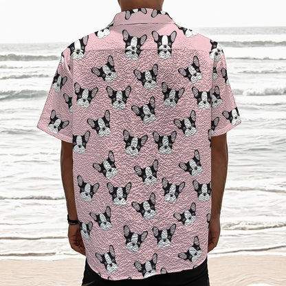 Cartoon French Bulldog Pattern Print Textured Short Sleeve Shirt