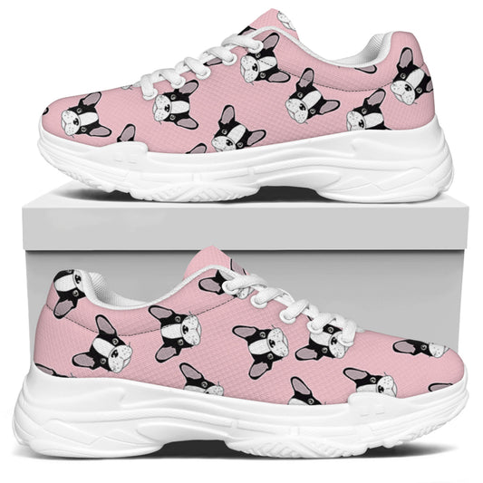 Cartoon French Bulldog Pattern Print White Chunky Shoes