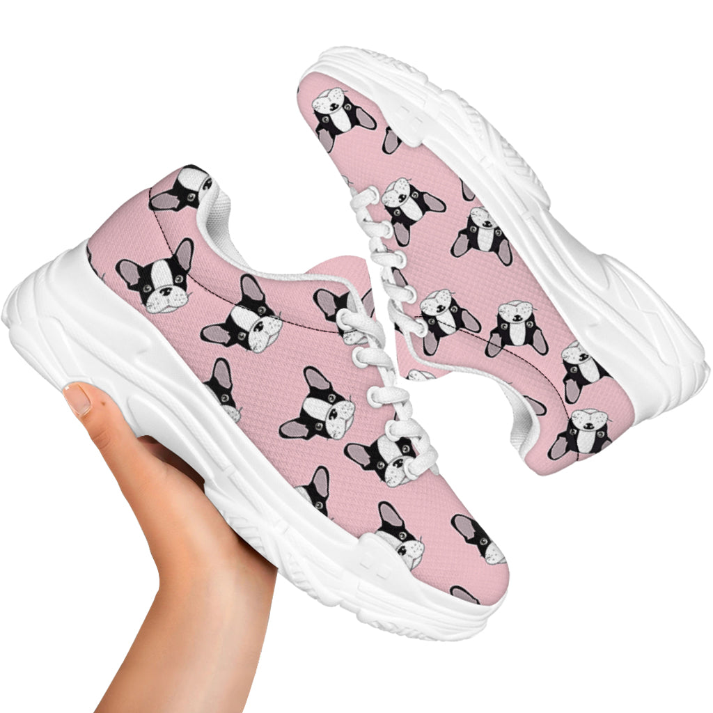 Cartoon French Bulldog Pattern Print White Chunky Shoes