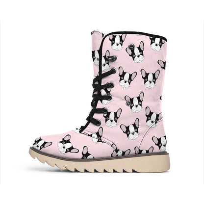 Cartoon French Bulldog Pattern Print Winter Boots