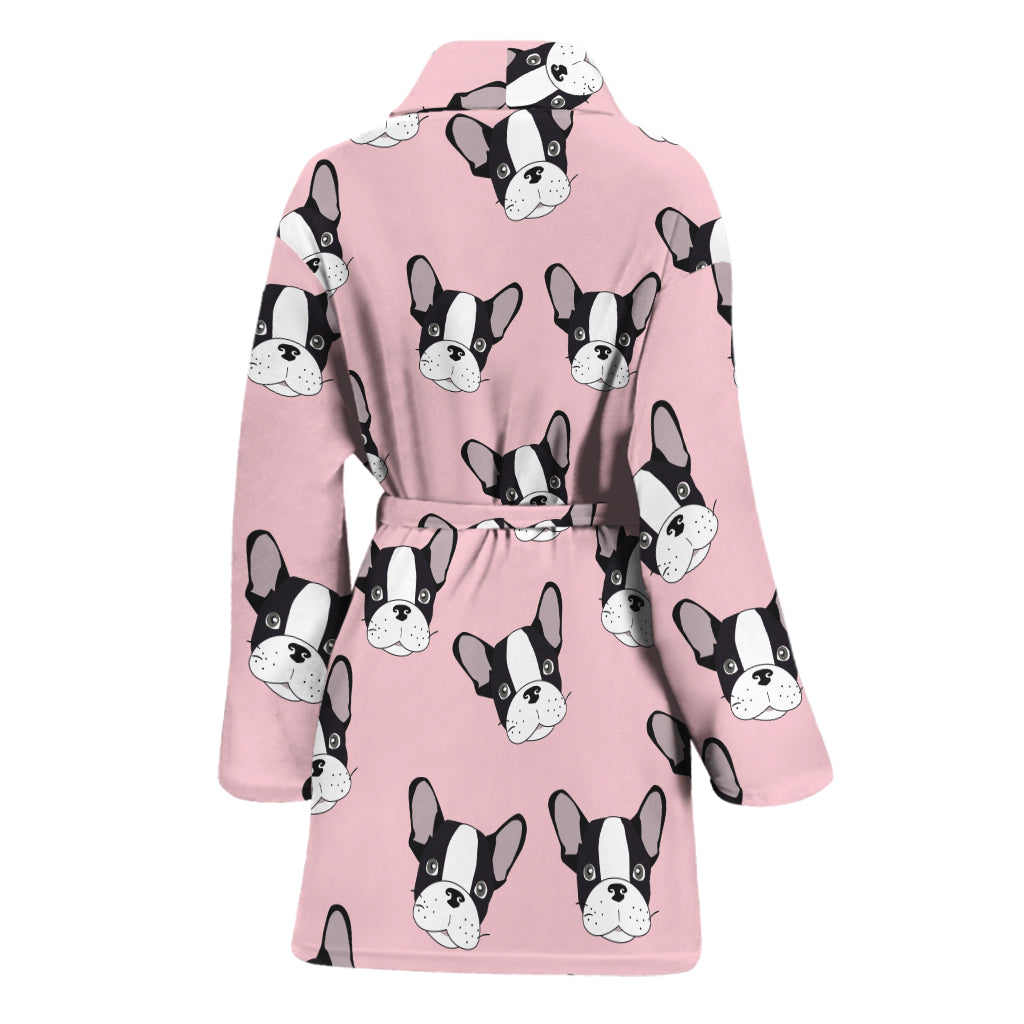 Cartoon French Bulldog Pattern Print Women's Bathrobe