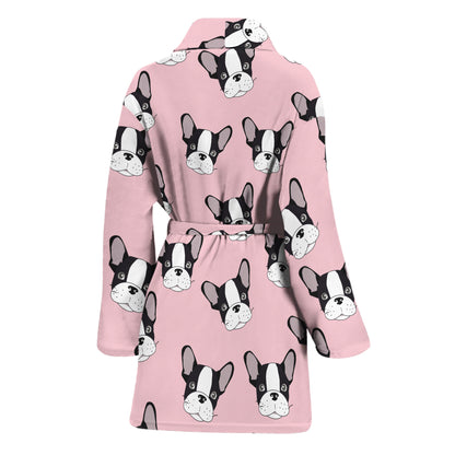 Cartoon French Bulldog Pattern Print Women's Bathrobe