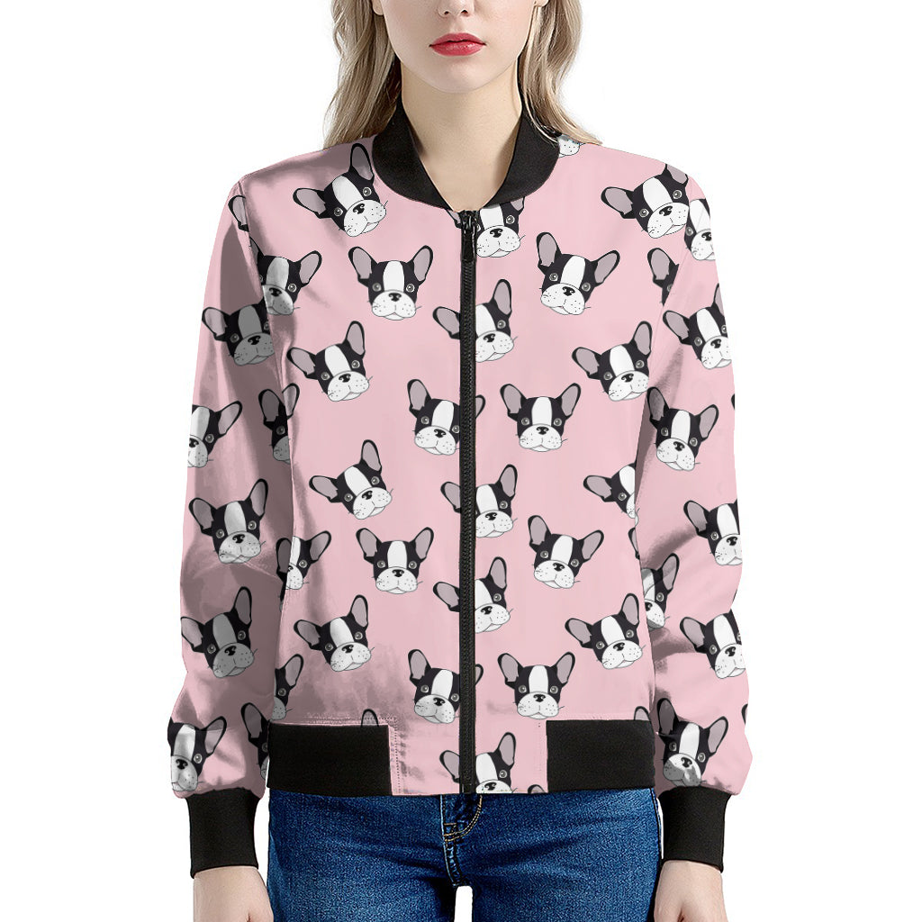 Cartoon French Bulldog Pattern Print Women's Bomber Jacket
