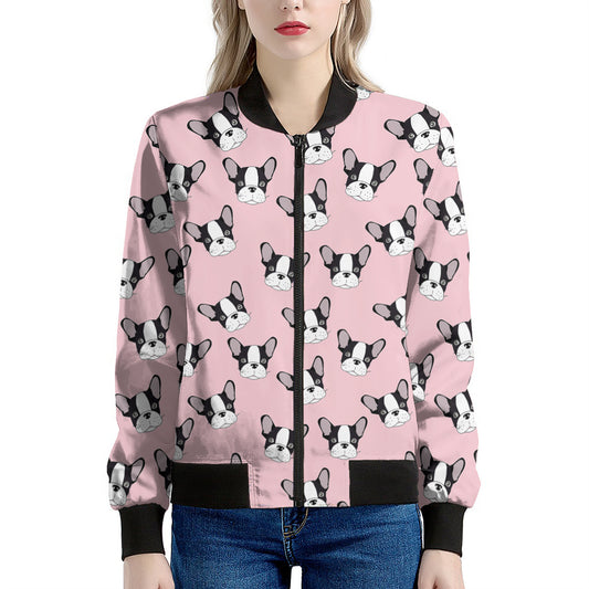 Cartoon French Bulldog Pattern Print Women's Bomber Jacket
