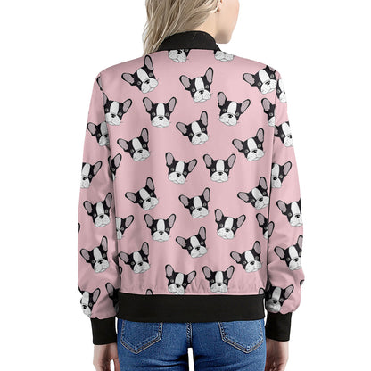 Cartoon French Bulldog Pattern Print Women's Bomber Jacket
