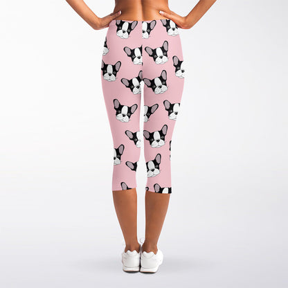 Cartoon French Bulldog Pattern Print Women's Capri Leggings