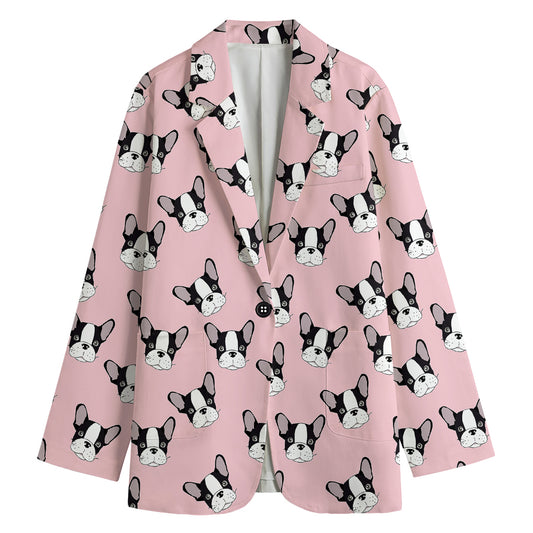 Cartoon French Bulldog Pattern Print Women's Cotton Blazer