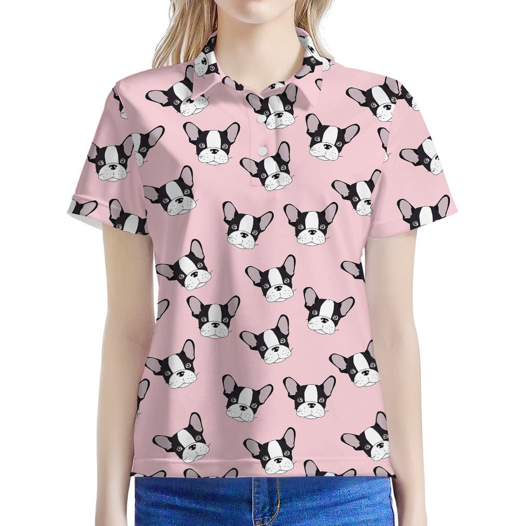 Cartoon French Bulldog Pattern Print Women's Polo Shirt