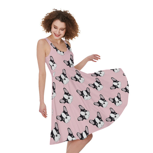 Cartoon French Bulldog Pattern Print Women's Sleeveless Dress