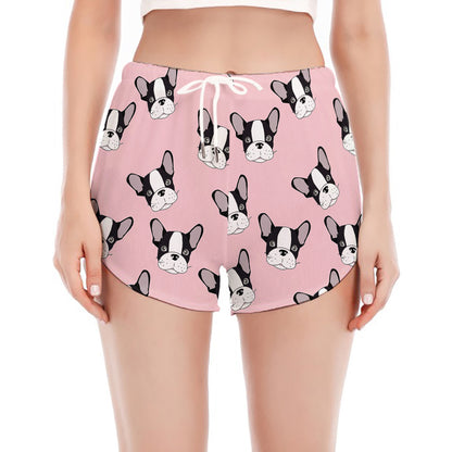 Cartoon French Bulldog Pattern Print Women's Split Running Shorts