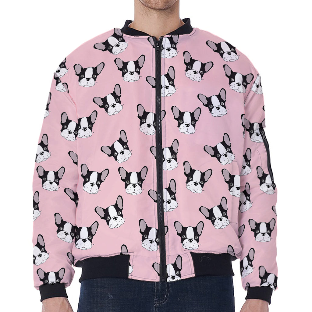 Cartoon French Bulldog Pattern Print Zip Sleeve Bomber Jacket