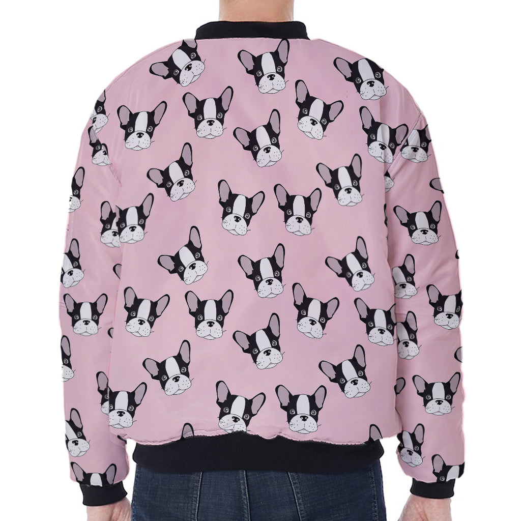 Cartoon French Bulldog Pattern Print Zip Sleeve Bomber Jacket
