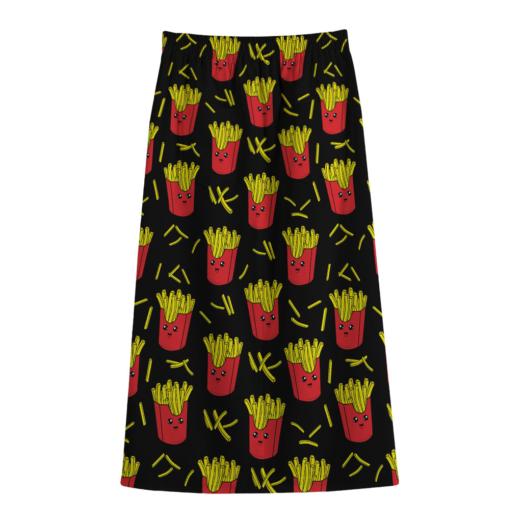 Cartoon French Fries Pattern Print Cotton Front Slit Maxi Skirt