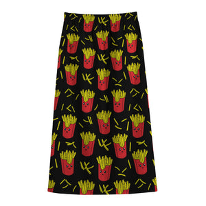 Cartoon French Fries Pattern Print Cotton Front Slit Maxi Skirt