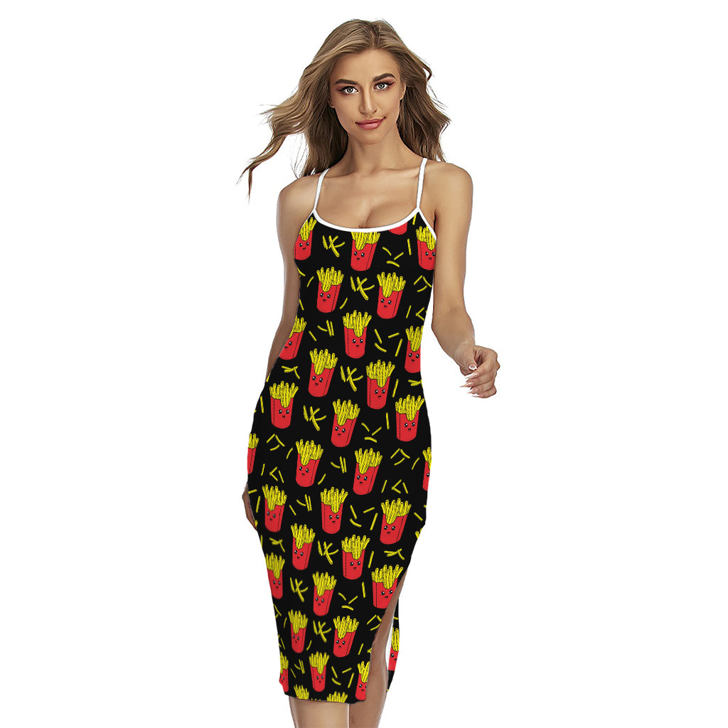 Cartoon French Fries Pattern Print Cross Back Cami Dress