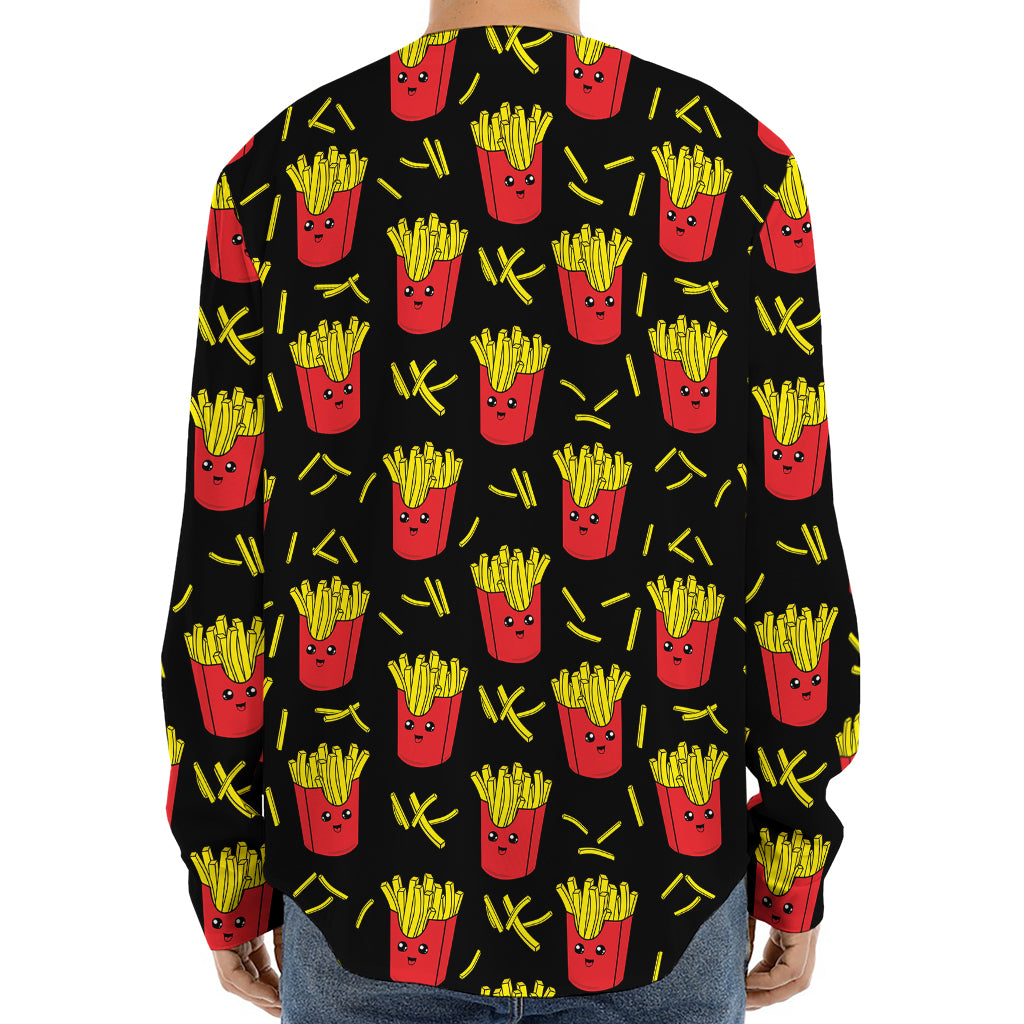 Cartoon French Fries Pattern Print Long Sleeve Baseball Jersey