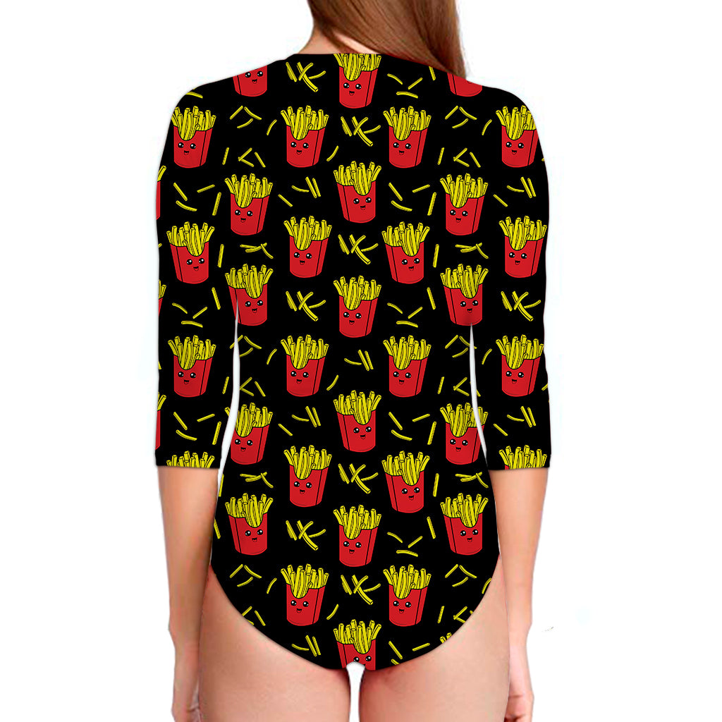 Cartoon French Fries Pattern Print Long Sleeve Swimsuit