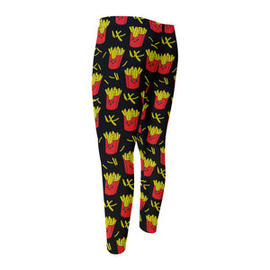 Cartoon French Fries Pattern Print Men's Compression Pants