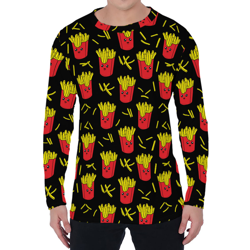 Cartoon French Fries Pattern Print Men's Long Sleeve T-Shirt