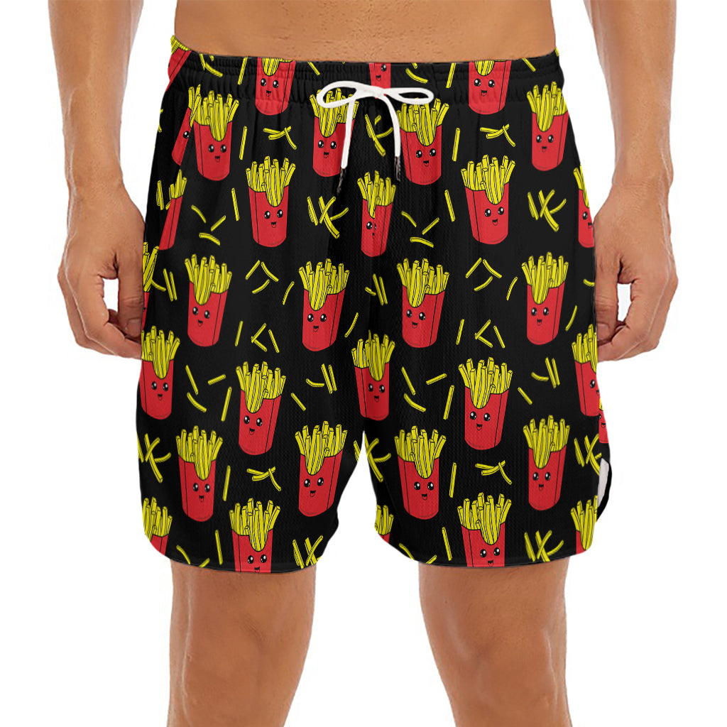 Cartoon French Fries Pattern Print Men's Split Running Shorts