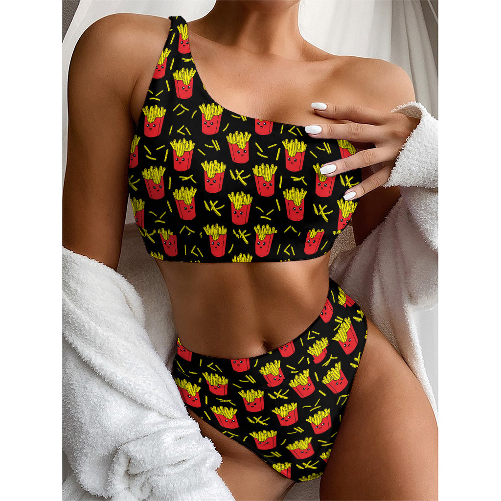 Cartoon French Fries Pattern Print One Shoulder Bikini Top