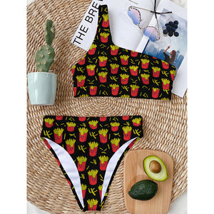 Cartoon French Fries Pattern Print One Shoulder Bikini Top