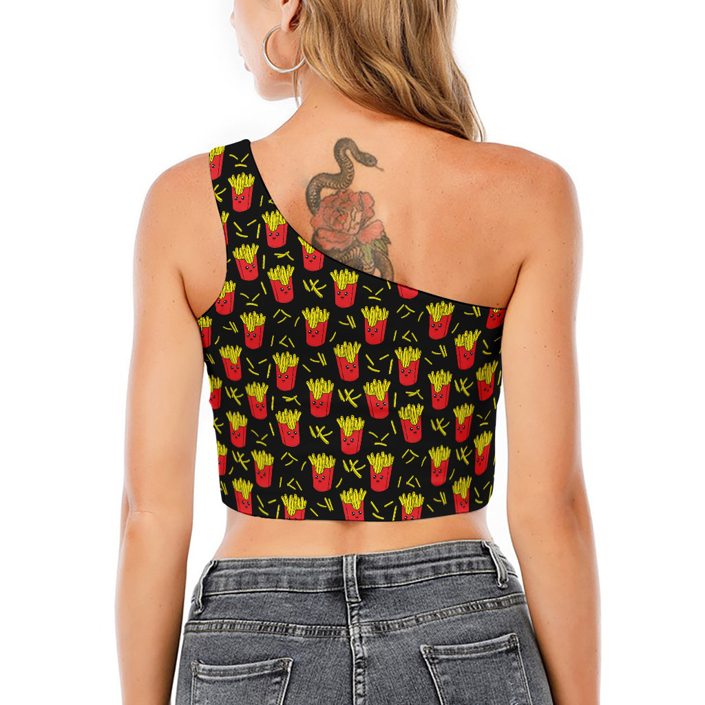 Cartoon French Fries Pattern Print One Shoulder Crop Top