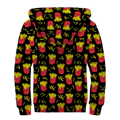 Cartoon French Fries Pattern Print Sherpa Lined Zip Up Hoodie