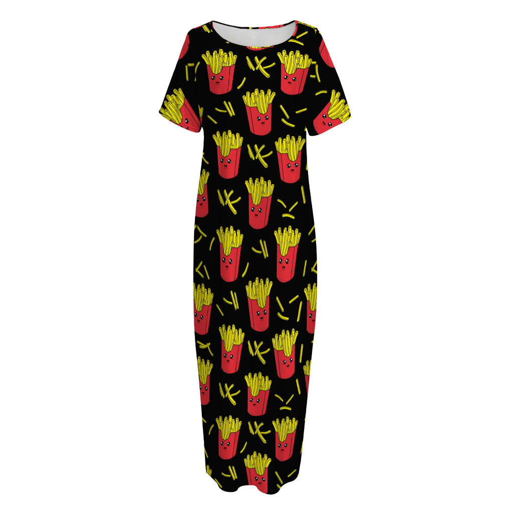 Cartoon French Fries Pattern Print Short Sleeve Long Nightdress