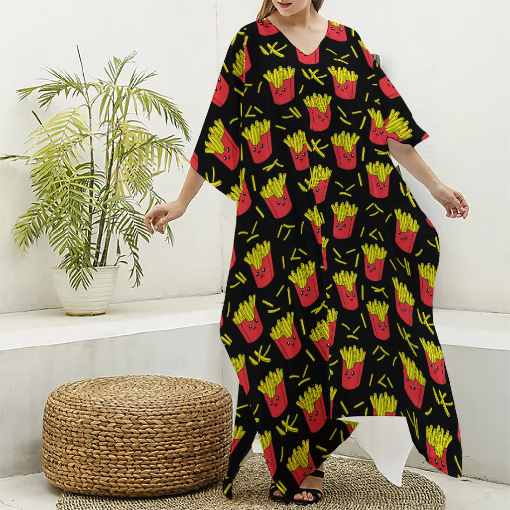 Cartoon French Fries Pattern Print Silk V-Neck Kaftan Dress